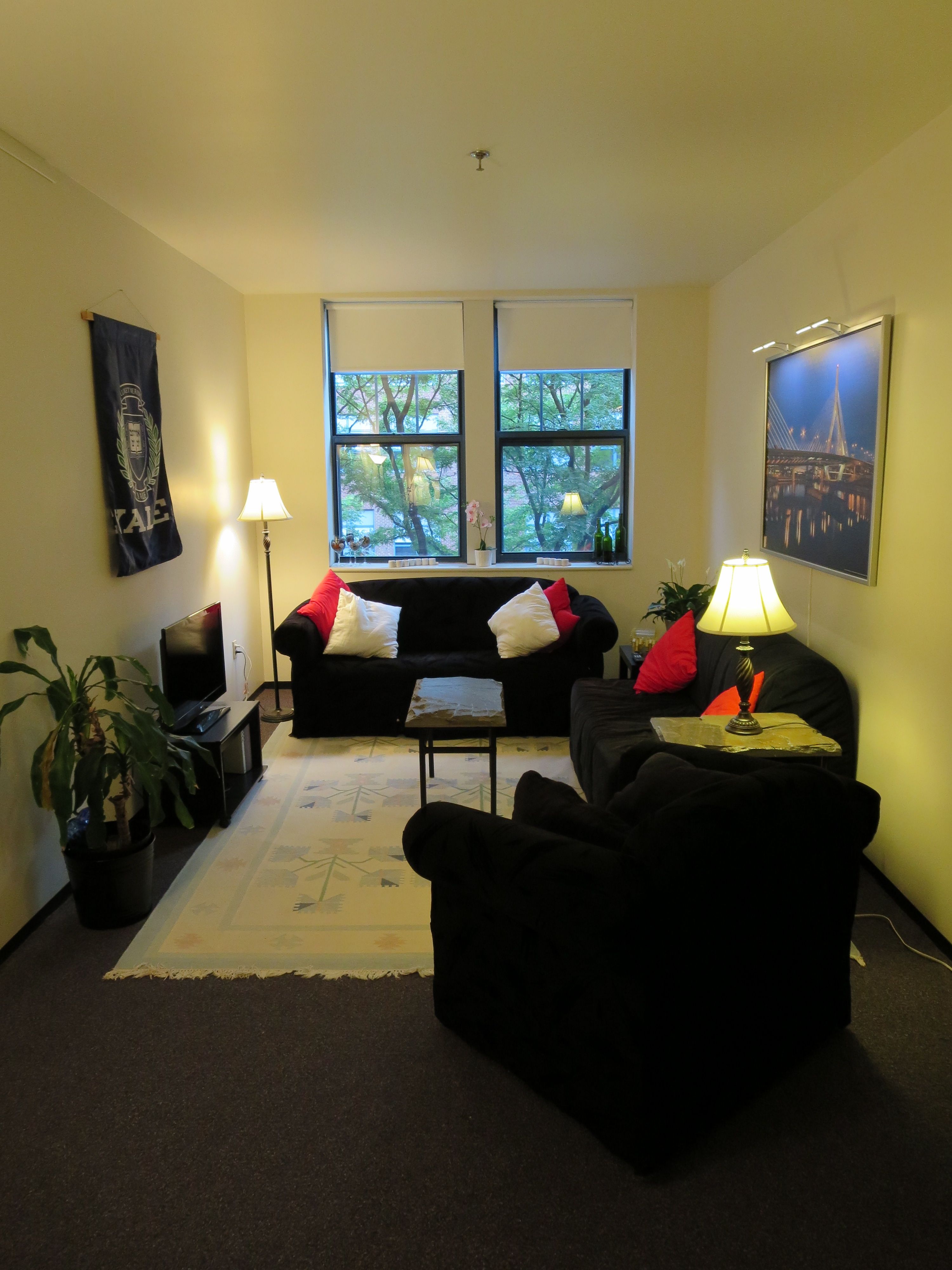 Two-bedroom apartment living room with seating and a table